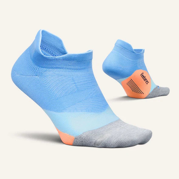 Elite Light Cushion No Show Tab by Feetures in blue and grey, anatomical running socks with targeted compression for comfort and performance