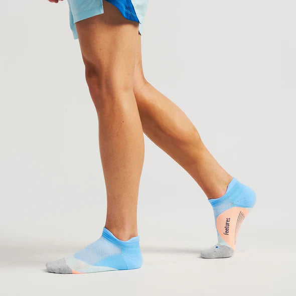 Elite Light Cushion No Show Tab by Feetures in blue and grey with anatomical design and targeted comp for running and movement