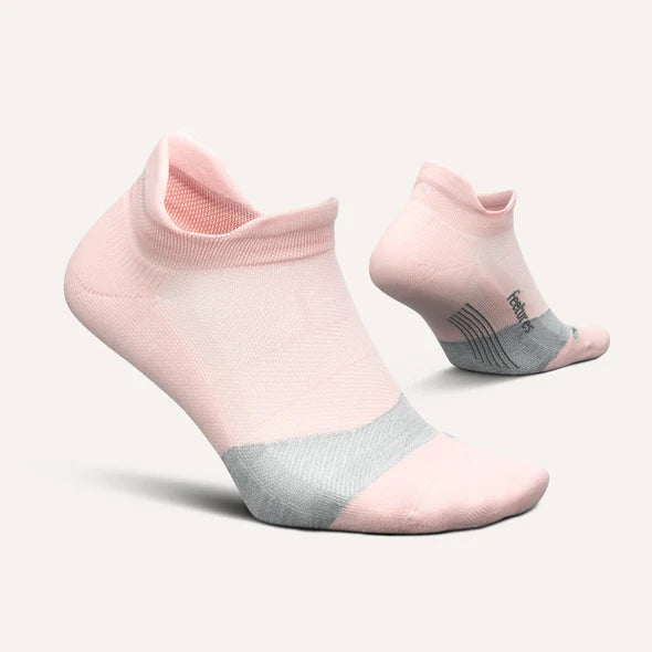 Elite Ultra Light Cushion No Show Tab - 2023 by Feetures in light pink and gray, anatomical design, lightweight running sock for extra comfort and support