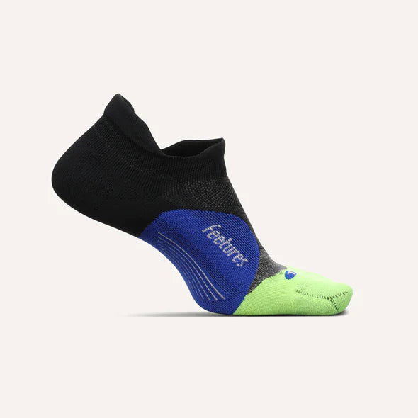Elite Ultra Light Cushion No Show Tab - 2023 by Feetures in black, blue, and green with anatomical design and targeted compression for running.
