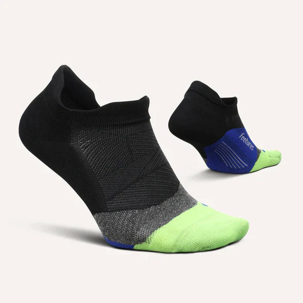 Elite Ultra Light Cushion No Show Tab - 2023 by Feetures in black, grey, and neon green with anatomical design and targeted compression for running