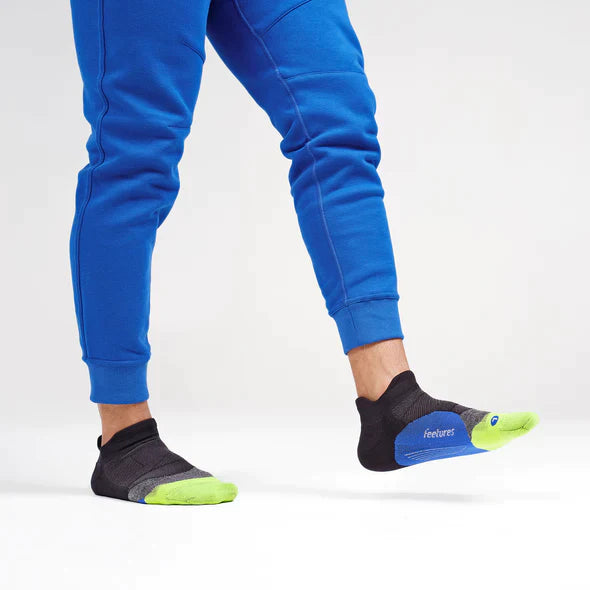 Elite Ultra Light Cushion No Show Tab - 2023 by Feetures in black, blue, and neon green, lightweight anatomical running socks for comfort and performance