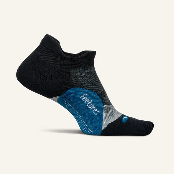 Elite Light Cushion No Show Tab by Feetures in black and blue, lightweight anatomical running sock with targeted compression for performance and comfort
