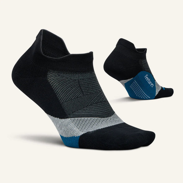 Elite Light Cushion No Show Tab by Feetures in black grey and blue with anatomical design and Targeted Comp for running comfort