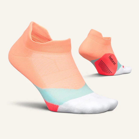 Elite Light Cushion No Show Tab by Feetures in coral, white, and teal with anatomical design and targeted compression for running and active use