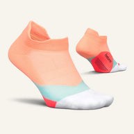 Elite Light Cushion No Show Tab by Feetures in coral, white, and teal with anatomical design and targeted compression for running and active use