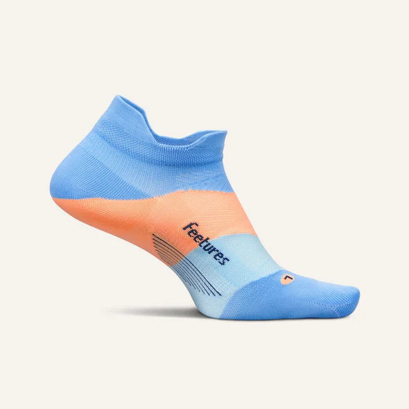 Elite Ultra Light Cushion No Show Tab by Feetures in blue and peach with targeted compression and ultra light cushioning for running and comfort