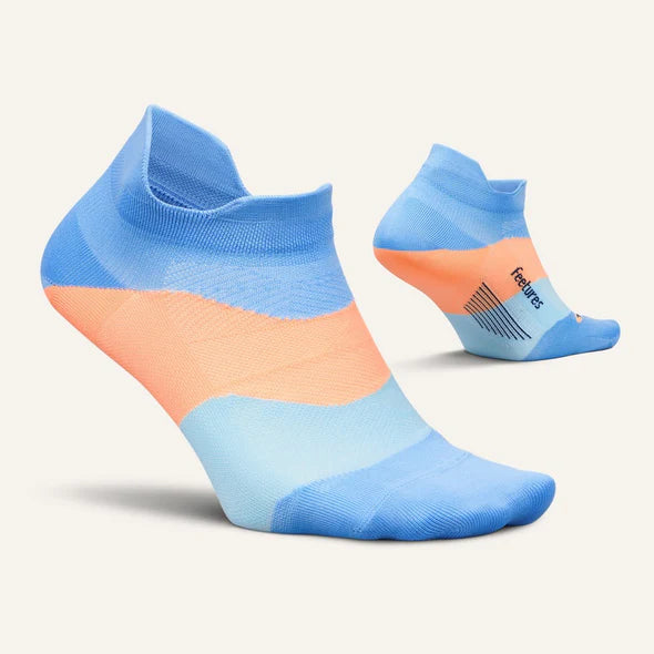 Elite Ultra Light Cushion No Show Tab by Feetures in blue and orange with targeted compression and ultra light cushioning for running comfort