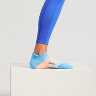 Elite Ultra Light Cushion No Show Tab by Feetures in blue and peach with anatomical fit and targeted compression for blister prevention and running comfort