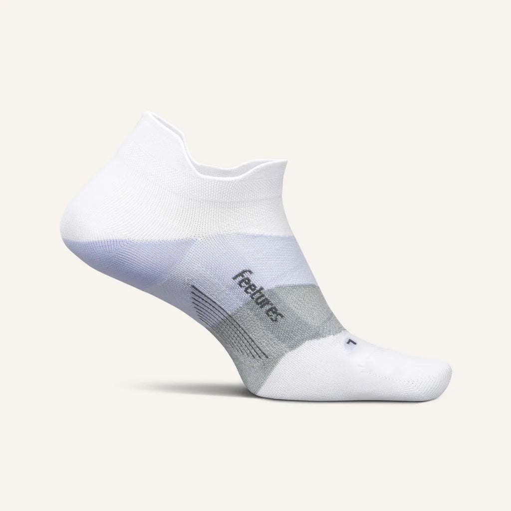 Elite Ultra Light Cushion No Show Tab by Feetures in white and grey with anatomical fit, targeted compression, and ultra light cushioning for blister prevention