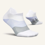 Elite Ultra Light Cushion No Show Tab by Feetures in white and grey, anatomical design with targeted compression for blister prevention and lightweight cushioning ideal for running