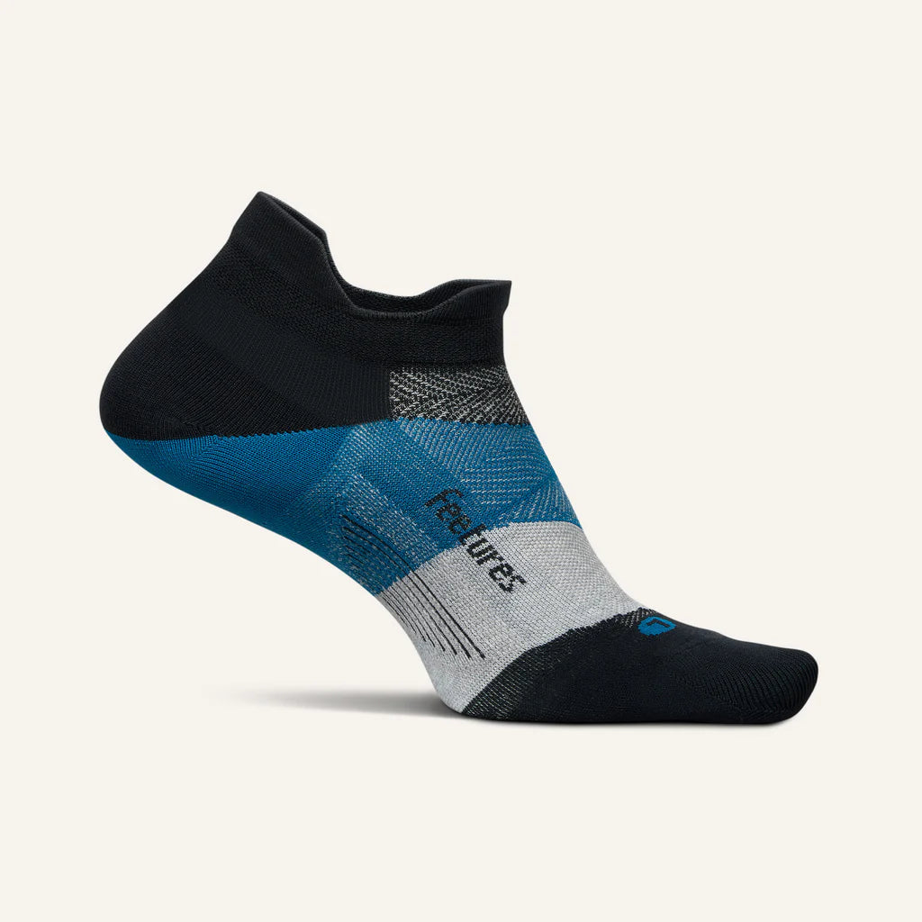 Elite Ultra Light Cushion No Show Tab by Feetures in black, blue, and grey with targeted compression and ultra light cushioning for running comfort