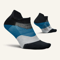 Elite Ultra Light Cushion No Show Tab by Feetures in black, blue, and grey with anatomical fit and targeted compression for blister prevention and running