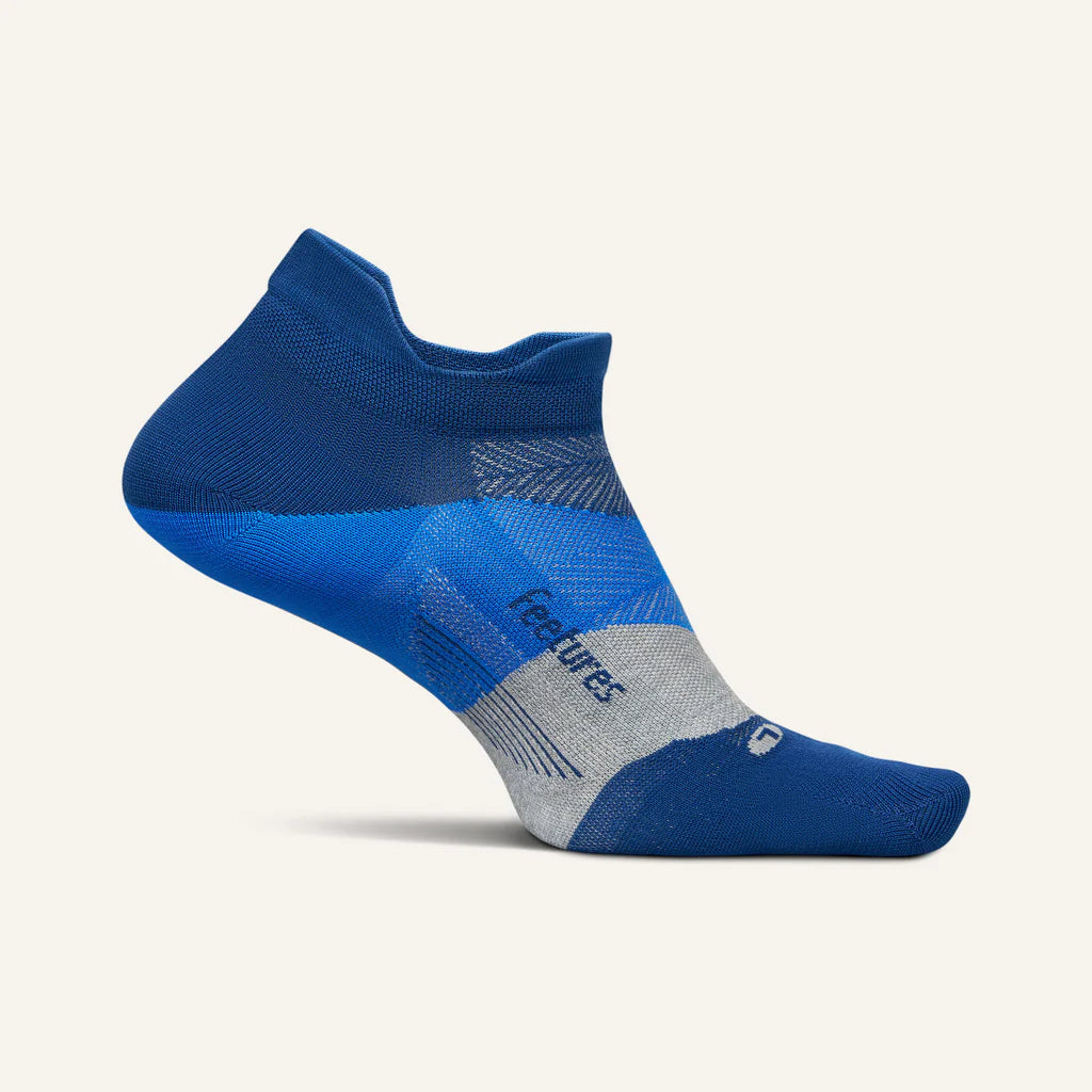 Elite Ultra Light Cushion No Show Tab by Feetures in blue and grey with anatomical fit, targeted compression, and ultra light cushioning for running.