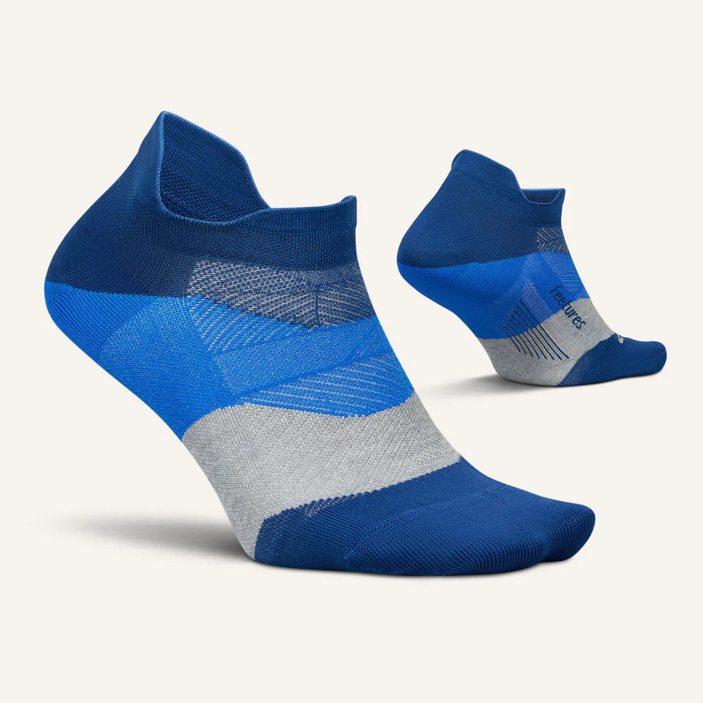 Elite Ultra Light Cushion No Show Tab by Feetures in blue and grey with anatomical fit, targeted compression, and ultra-light cushioning for running