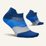 Elite Ultra Light Cushion No Show Tab by Feetures in blue and grey with anatomical fit, targeted compression, and ultra-light cushioning for running