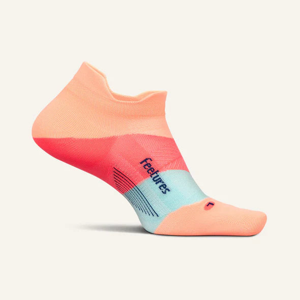 Elite Ultra Light Cushion No Show Tab by Feetures in peach, red, and light blue with targeted compression and ultra light cushioning for running comfort