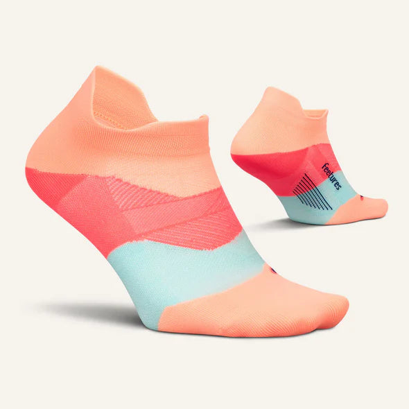 Elite Ultra Light Cushion No Show Tab by Feetures in peach, coral, and blue with anatomical fit, targeted compression, and ultra light cushioning for running