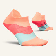 Elite Ultra Light Cushion No Show Tab by Feetures in peach, coral, and blue with anatomical fit, targeted compression, and ultra light cushioning for running