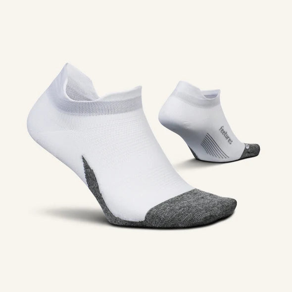 Elite Ultra Light Cushion No Show Tab - 2023 by Feetures in white and grey, lightweight running socks with anatomical design for support and comfort