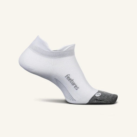 Elite Ultra Light Cushion No Show Tab - 2023 by Feetures in white and grey, lightweight cushioned sock for running and high performance