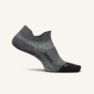 Elite Ultra Light Cushion No Show Tab - 2023 by Feetures in grey and black with anatomical design and targeted compression for running comfort