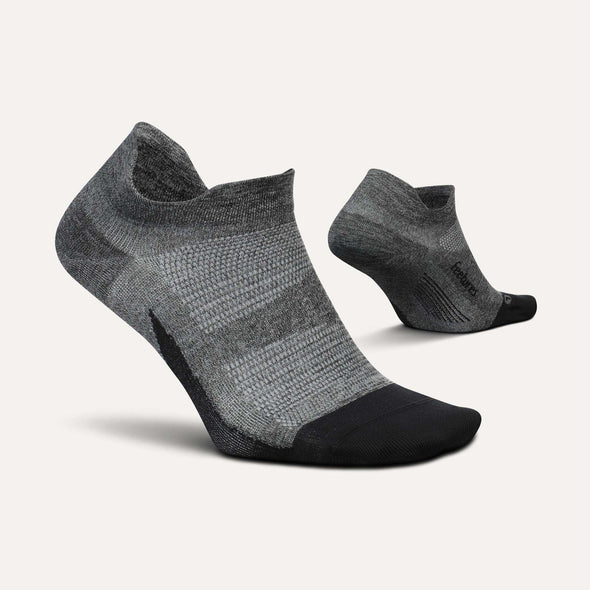 Elite Ultra Light Cushion No Show Tab - 2023 by Feetures in grey and black, lightweight anatomical running socks with targeted compression for long runs