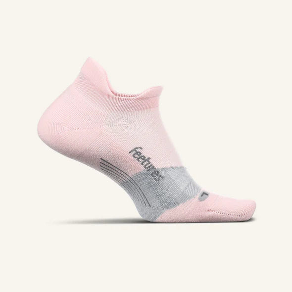 Elite Ultra Light Cushion No Show Tab - 2023 by Feetures in pink and grey, lightweight anatomical running sock for extra comfort and support
