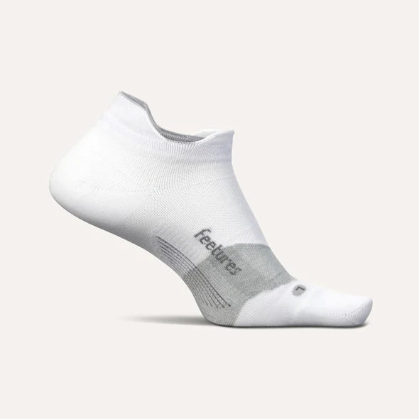 Elite Ultra Light Cushion No Show Tab by Feetures in white and grey with anatomical design and targeted compression for blister protection