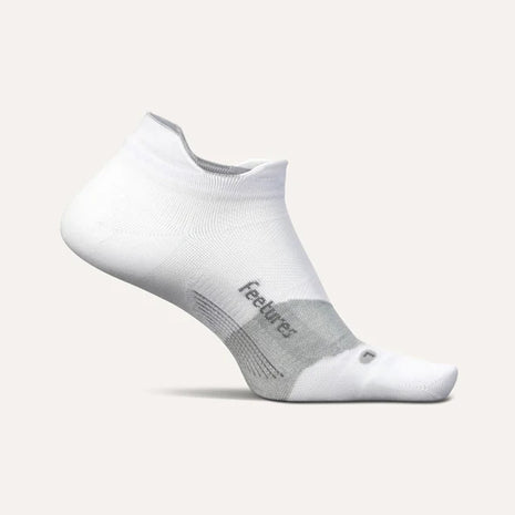 Elite Ultra Light Cushion No Show Tab by Feetures in white and grey with anatomical design and targeted compression for blister protection