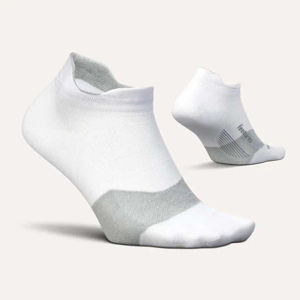Elite Ultra Light Cushion No Show Tab by Feetures in white and grey with anatomical fit, targeted compression, and ultra light cushioning for running.