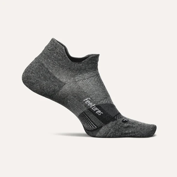 Elite Ultra Light Cushion No Show Tab by Feetures in grey with anatomical fit, targeted compression, and ultra light cushioning for running comfort