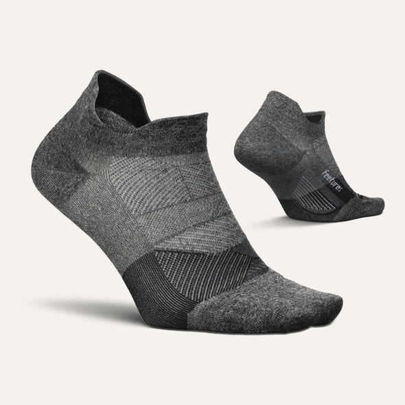Elite Ultra Light Cushion No Show Tab by Feetures in dark grey with anatomical fit, targeted compression, and ultra light cushioning for running comfort