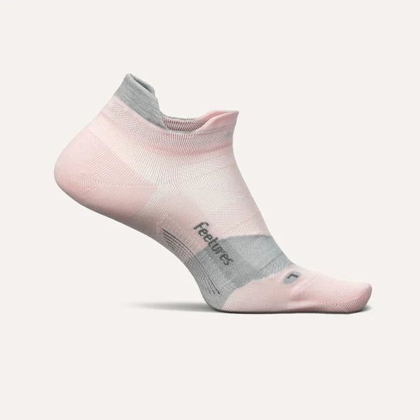 Elite Ultra Light Cushion No Show Tab by Feetures in pink and grey, anatomical socks with targeted compression and ultra light cushioning for running and everyday use