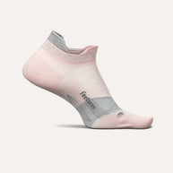Elite Ultra Light Cushion No Show Tab by Feetures in pink and grey, anatomical socks with targeted compression and ultra light cushioning for running and everyday use