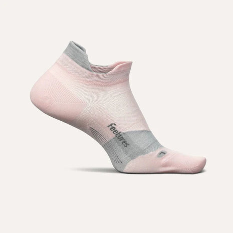 Elite Ultra Light Cushion No Show Tab by Feetures in pink and grey, anatomical socks with targeted compression and ultra light cushioning for running and everyday use