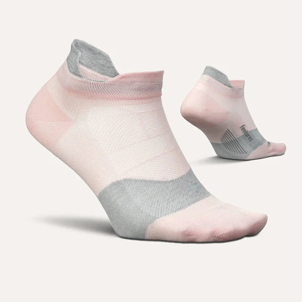 Elite Ultra Light Cushion No Show Tab by Feetures in pink and grey with anatomical fit, targeted compression, and ultra-light cushioning for running