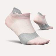Elite Ultra Light Cushion No Show Tab by Feetures in pink and grey with anatomical fit, targeted compression, and ultra-light cushioning for running