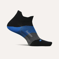 Elite Ultra Light Cushion No Show Tab by Feetures in black, blue, and grey with anatomical design, targeted compression, and ultra-light cushioning for running.