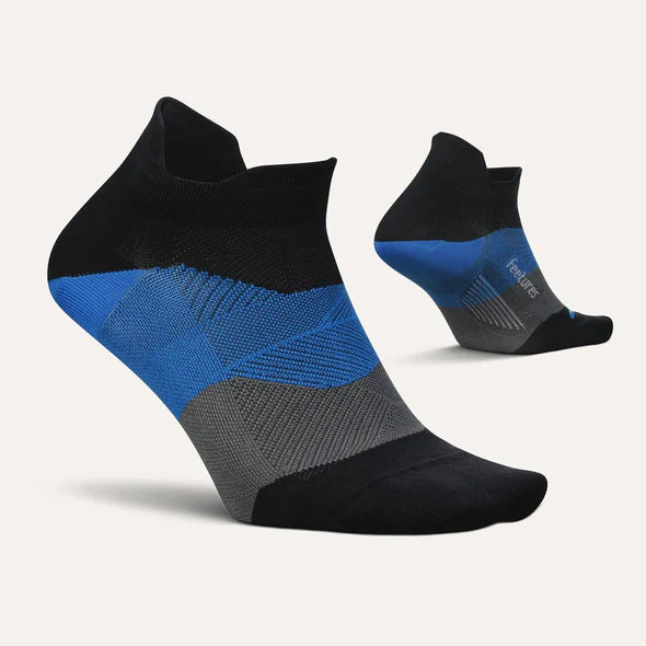 Elite Ultra Light Cushion No Show Tab by Feetures in black, blue, and grey with targeted compression and ultra light cushioning for running comfort
