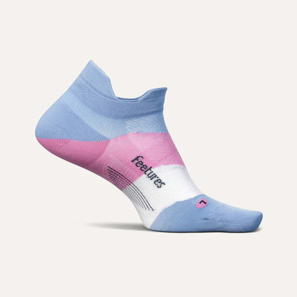 Elite Ultra Light Cushion No Show Tab by Feetures in blue and pink with anatomical design, targeted compression, and ultra light cushioning for running