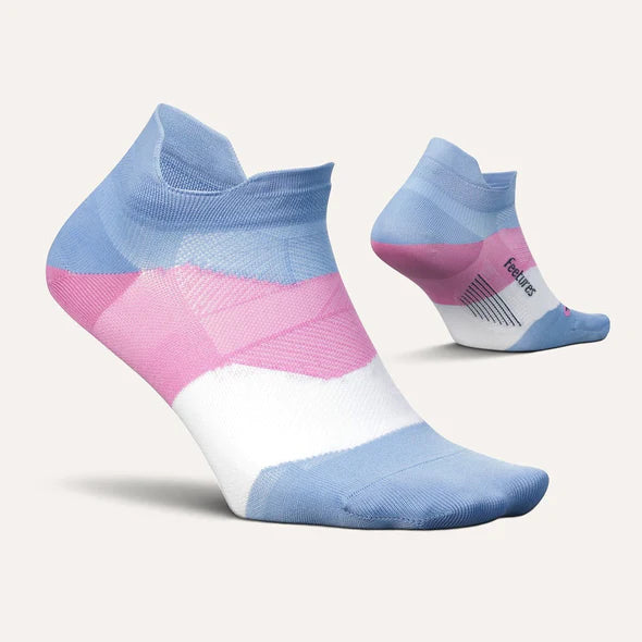 Elite Ultra Light Cushion No Show Tab by Feetures in blue, pink, and white with targeted compression and ultra light cushioning for running comfort