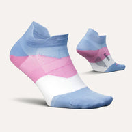 Elite Ultra Light Cushion No Show Tab by Feetures in blue, pink, and white with targeted compression and ultra light cushioning for running comfort