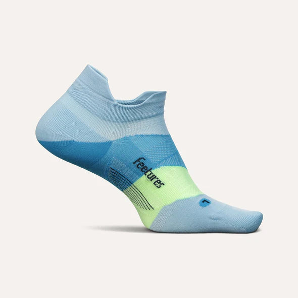 Elite Ultra Light Cushion No Show Tab by Feetures in blue and lime with targeted compression and ultra light cushioning for running comfort