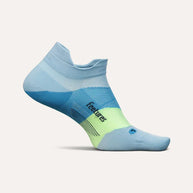 Elite Ultra Light Cushion No Show Tab by Feetures in blue and lime with targeted compression and ultra light cushioning for running comfort