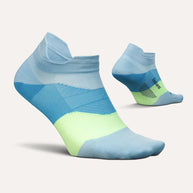 Elite Ultra Light Cushion No Show Tab by Feetures in blue and green with anatomical fit and targeted compression for running comfort and blister prevention