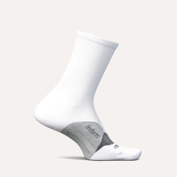 Elite Light Cushion Mini-Crew by Feetures in white and grey with anatomical design, targeted compression, and light cushioning for running comfort