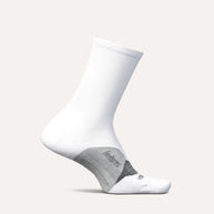 Elite Light Cushion Mini-Crew by Feetures in white and grey with anatomical design, targeted compression, and light cushioning for running comfort