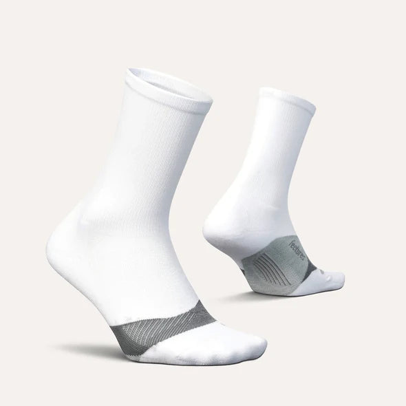 Elite Light Cushion Mini-Crew by Feetures in white and grey with anatomical design, targeted compression, and light cushion for running protection