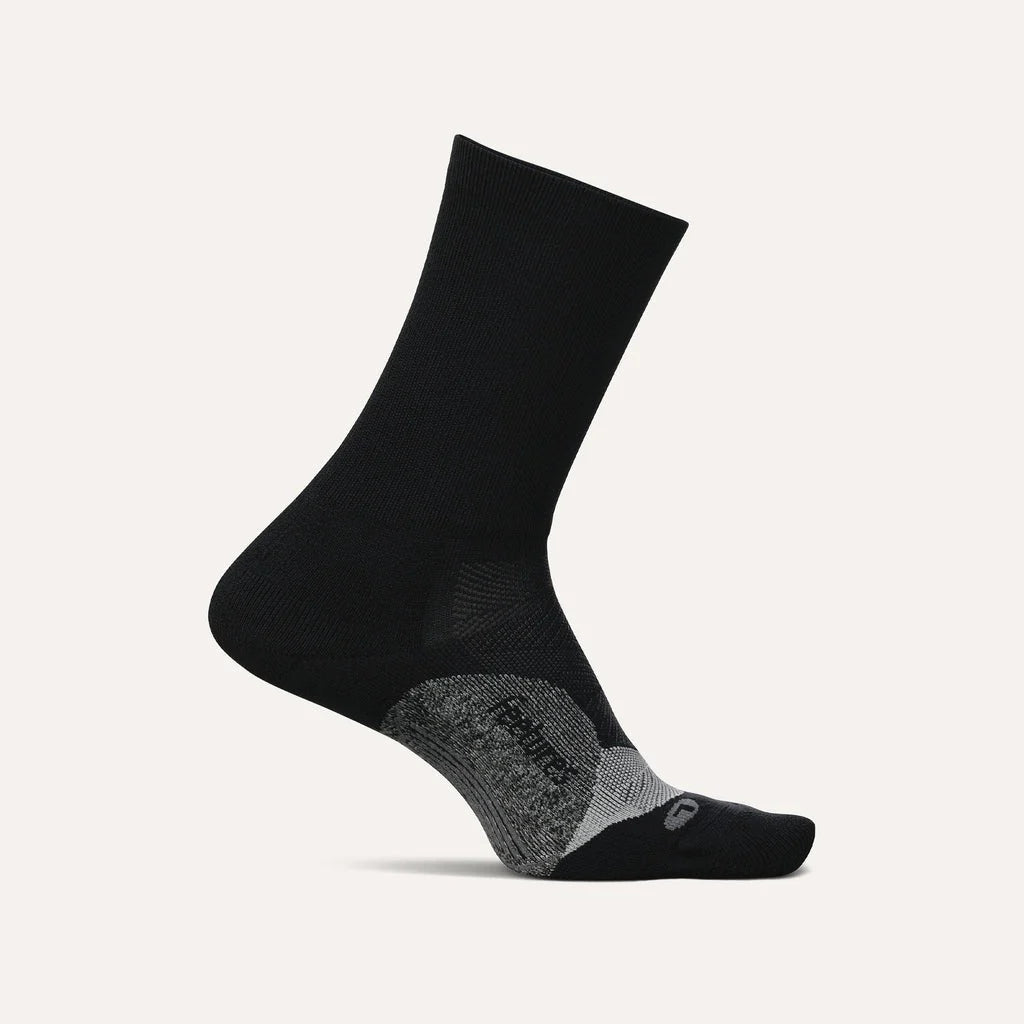 Elite Light Cushion Mini-Crew by Feetures in black with targeted compression and anatomical design for custom fit and blister protection